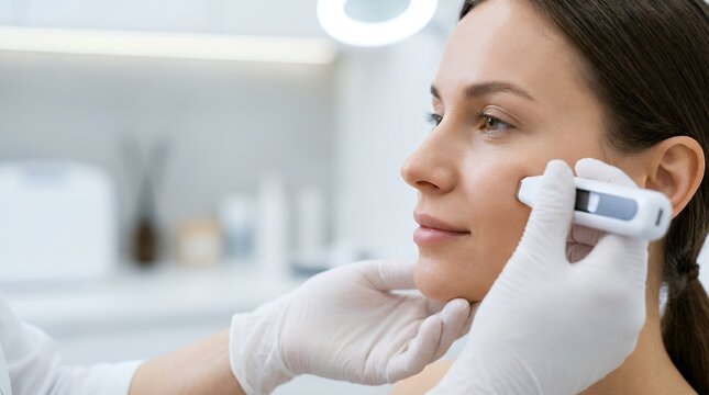 Dermatologist examining skin hydration with digital moisture meter. Professional skincare consultation using advanced moisture analyzer for facial...