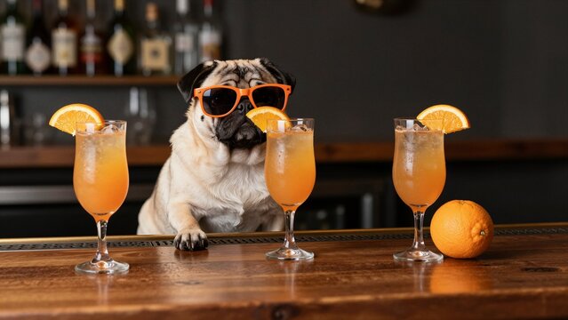 A charming pug wearing stylish orange sunglasses relaxes behind a wooden bar counter surrounded by three vibrant orange cocktail glasses garnished with fresh fruit slices.