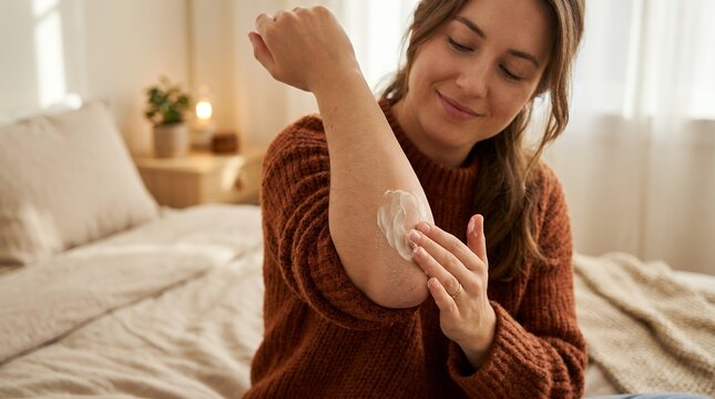 Woman applying moisturizing cream to dry elbows. Autumn skincare routine with nourishing balm for smooth skin.