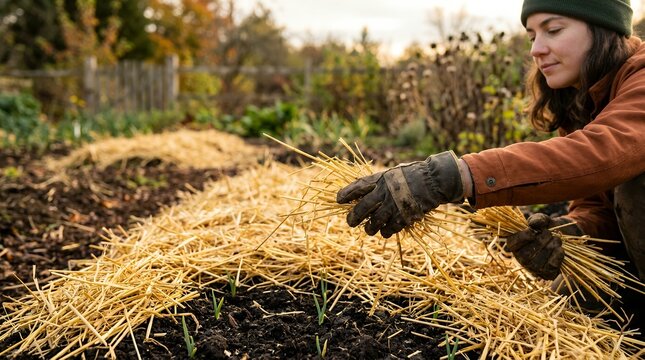 Gardener mulching winter garlic with straw for frost protection. Farmer insulating crops using organic golden bedding in autumn field.