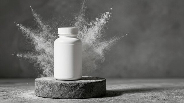 A white plastic supplement bottle sits on a textured stone pedestal, surrounded by an explosive burst of fine chalk-like powder against a dark gray background.