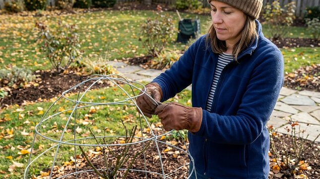Gardener building winter rose protection frame. Woman securing wire mesh cover for cold season plant care.