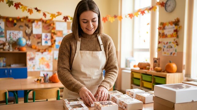 Parent organizing school bake sale supplies. Community volunteer sorting charity event materials for fundraising.