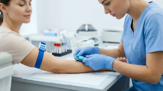 Medical professional drawing blood for vitamin D test. Healthcare worker collecting sample from patient's arm in clinic setting.