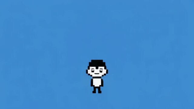Pixelated penguin family gathering with abstract blob character in clean blue background