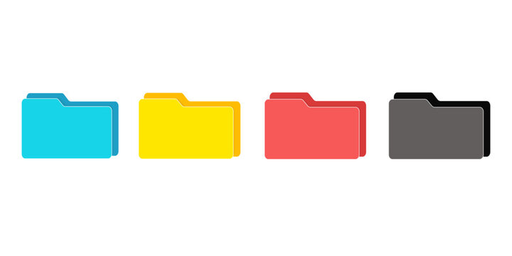 Computer file folder icons set. Colorful document folders. Office folder icons with documents. Folders for reports and important documents. Vector illustration.