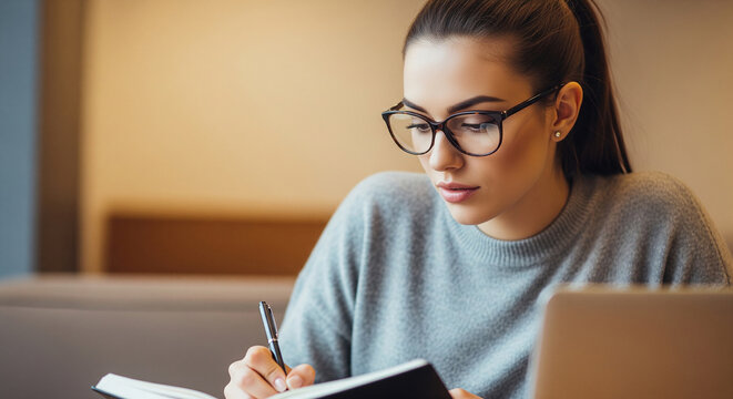 Focused young woman with glasses writing in notebook while using laptop in cozy cafe perfect for dedicated student study and detailed freelance planning