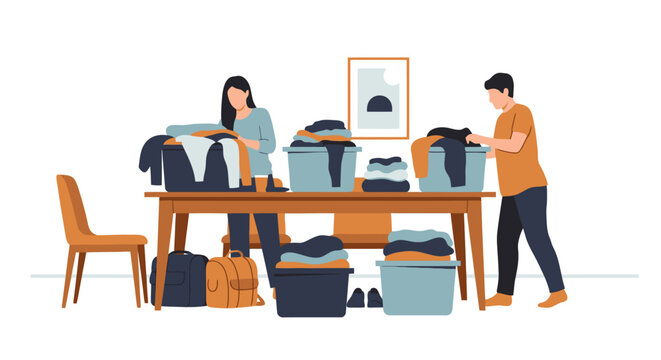 Couple sorting clothes for donation or moving.