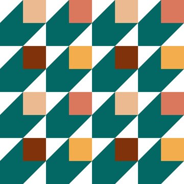 Seamless geometric pattern teal triangles, colorful squares, and bold diagonal shapes in repeating grid. Abstract background for textile, fabric, wallpaper, packaging, branding, and digital design.