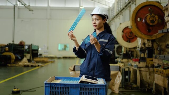 Professional black female industrial worker in uniform and hard hat carefully inspecting blue metal parts for quality control in a manufacturing plant, using a digital tablet for production data entry