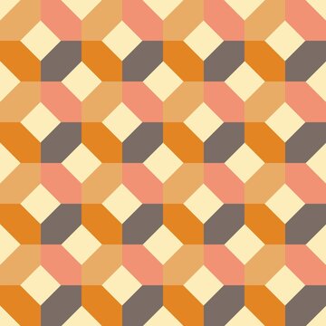Seamless geometric pattern with warm orange, peach, cream and taupe shapes forming repeating abstract mosaic. Perfect background for textile, fabric, wallpaper, packaging, branding and digital design.
