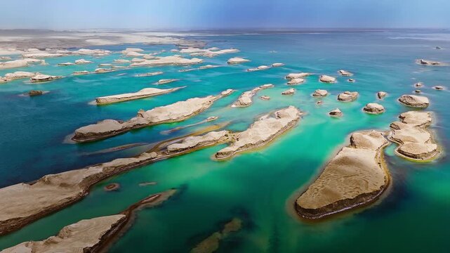 Aerial view of water yardang landforms in a turquoise lake in Qinghai, China