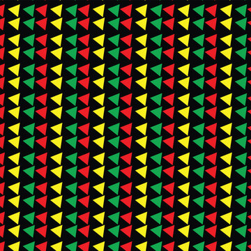 Rasta colors geometric pattern, seamless pan-African triangle background, red yellow and green tribal motif on black, ethnic vector textile design