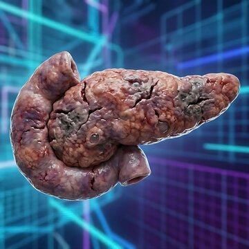 A human pancreas filled with inflammation and cracks, symbolizing pancreatitis or pancreatic damage