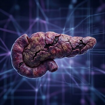 A human pancreas filled with inflammation and cracks, symbolizing pancreatitis or pancreatic damage