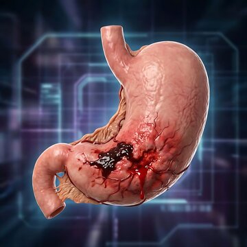 a stomach with a severe gastric hemorrhage (bleeding). The stomach wall itself shows signs of irritation and inflammation around the bleeding site.	
