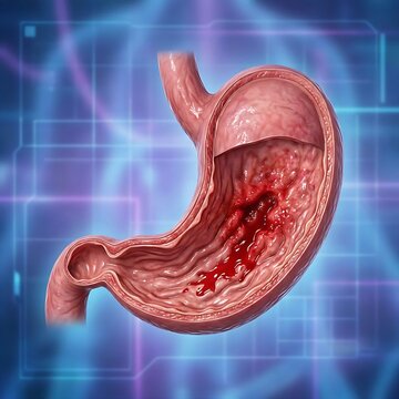 a stomach with a severe gastric hemorrhage (bleeding). The stomach wall itself shows signs of irritation and inflammation around the bleeding site.	
