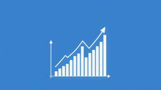 White financial bar graphs ascending and descending with upward trend during bright blue screen