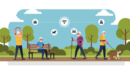 Fototapeta premium Elderly people engaging in various outdoor activities in a park.