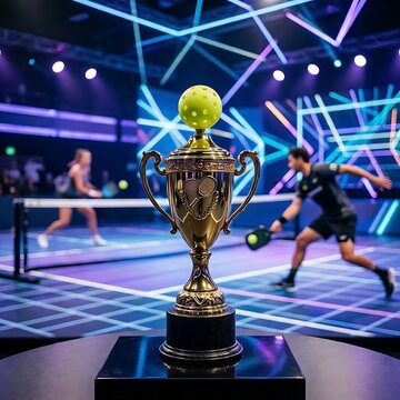Gold trophy with pickleball , players in the background...Gold trophy, pickleball, sport, competition, players, victory, achievement, teamwork, success, prize, award, court,	
