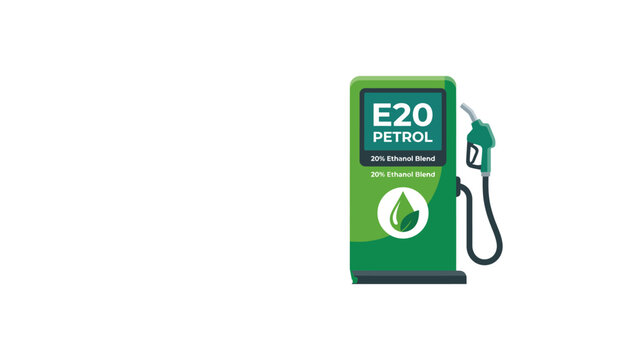 E20 Petrol Pump Illustration With 20% Ethanol Blend Signage and Eco Fuel Nozzle