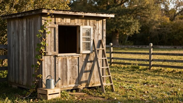 A rustic wooden garden shed sits in a sunny field with an open shuttered window, leaning ladder, and watering can nearby.