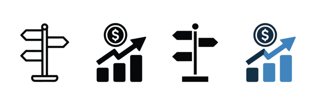 Financial growth icons and road sign symbols, business strategy vector set, profit chart with dollar coin and direction post illustrations
