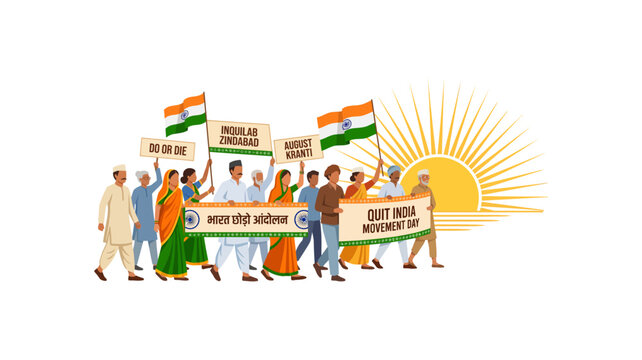 Quit India Movement Day Protest March with Indian Flag and Freedom Slogans Vector Illustration