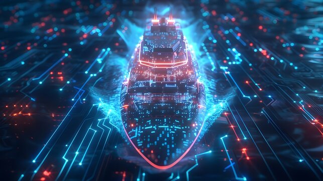 Abstract Futuristic Autonomous Smart Ship Front View Concept Sailing on Glowing Blue Circuit Board with Red Light Particles Wave and Digital Energy Stream