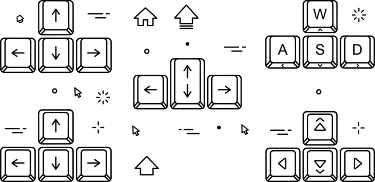 Keyboard arrow keys icon set gaming WASD directional vector line art elements