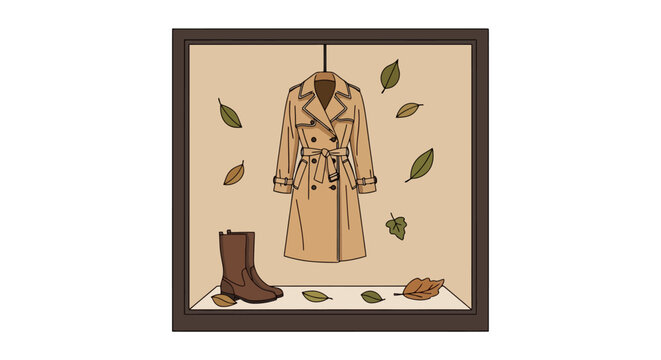 Elegant Trench Coat and Boots Displayed in a Stylish Autumn Window.