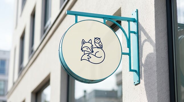 Minimalist storefront hanging sign with fox and owl logo, round outdoor business signage mockup, modern boutique shop exterior branding