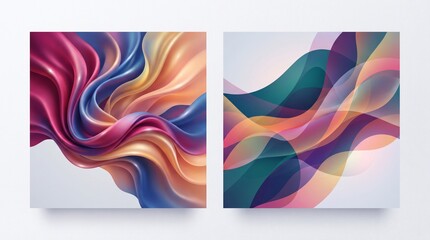 Fototapeta premium Abstract graphic template set featuring luxury 3D fluid satin fabric swirl and colorful translucent layered waves