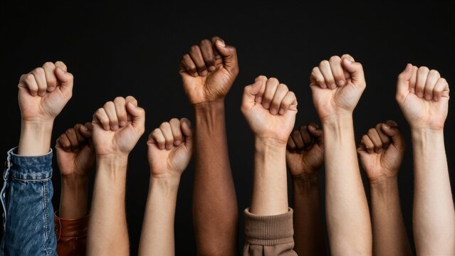 A group of diverse raised fists symbolizing unity and strength against a black background.