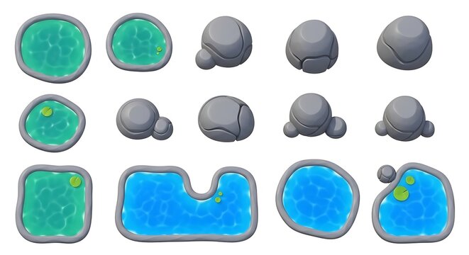Set of cartoon water ponds and grey rocks for game design elements