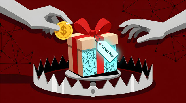 Gift box placed inside a metal bear trap represents the dangerous lure of financial temptation in this metaphorical illustration of risky investments.