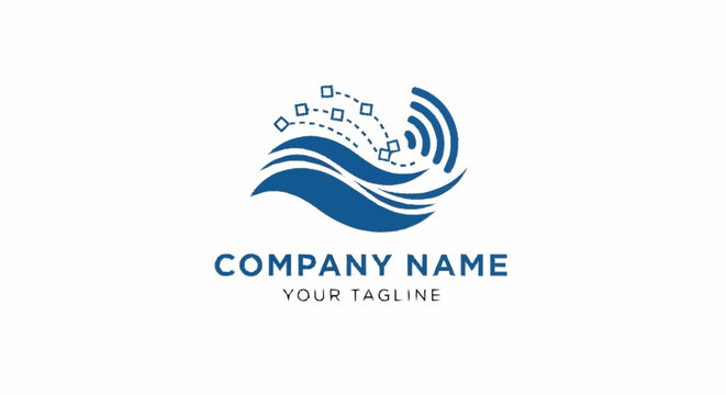 Abstract blue wave and binary code logo design for technology brand.