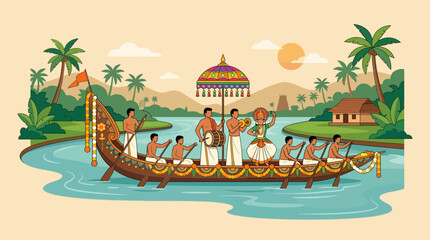 Obraz premium Ona Sadhya Celebration: Snake Boat Race with Dancers and Musicians