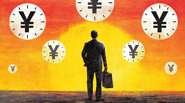 Vintage textured illustration of businessman with briefcase back view, warm sunset halo surrounded by yuan currency symbols finance investment wealth concept design