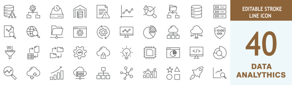 Set of 40 data analytics and big data line icons, including database, cloud computing, server, network, statistics, analysis, and development symbols. Editable stroke, vector illustration
