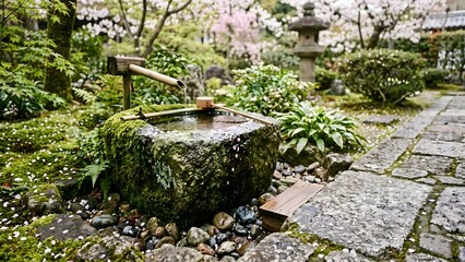 Obraz premium Traditional Japanese Stone Tsukubai Water Basin with Cherry Blossoms in Spring Garden