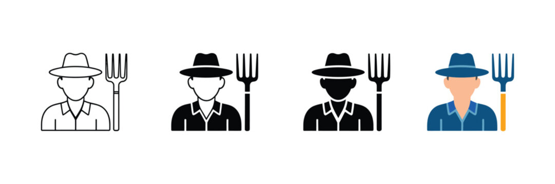 Farmer icon set with pitchfork, agricultural worker character symbols in flat and line styles, 4 vector avatars for farming and ranching