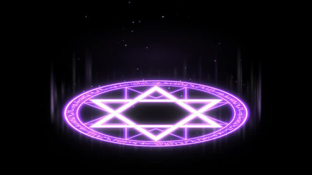 Glowing purple magic circle on dark floor with summoning light effect, mystical hexagram ritual portal with rising sparkle particles and soft bloom for fantasy game overlay in 4K
