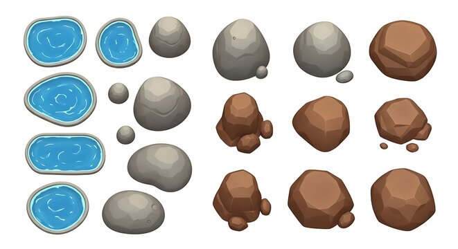 Set of cartoon stones rocks and small blue water ponds on white