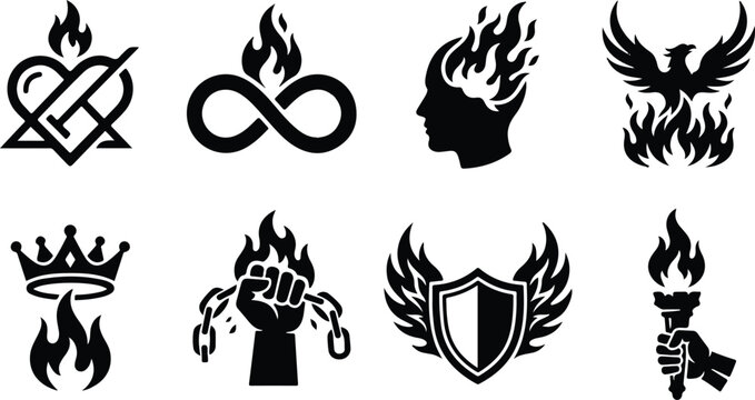 Infinity sign flaming head fist breaking chains shield icon set