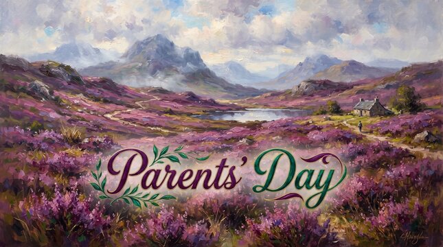 A serene oil painting landscape of a Scottish Highlands moor in purple heather bloom under a dramatic cloudy sky, featuring a distant mountain range and a small cottage, with Parents' Day text.