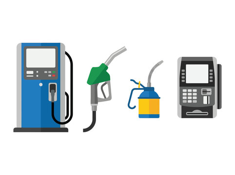 A collection of fuel station equipment including a pump nozzle oil can and payment terminal.