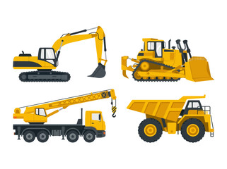 Obraz premium Set of four yellow construction vehicles including excavator bulldozer crane and dump truck.