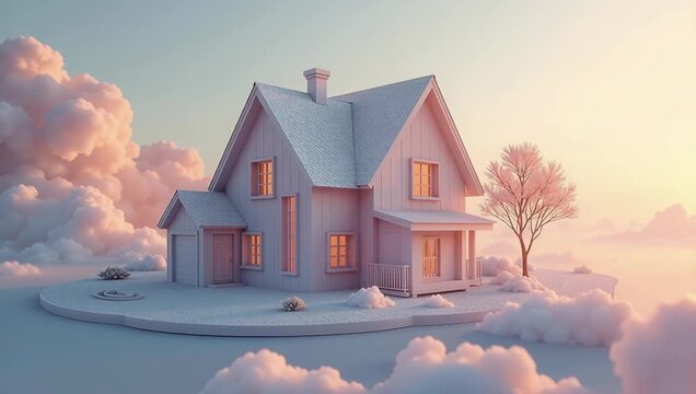 Serene Dreamy Cottage Surrounded by Soft Clouds at Sunset