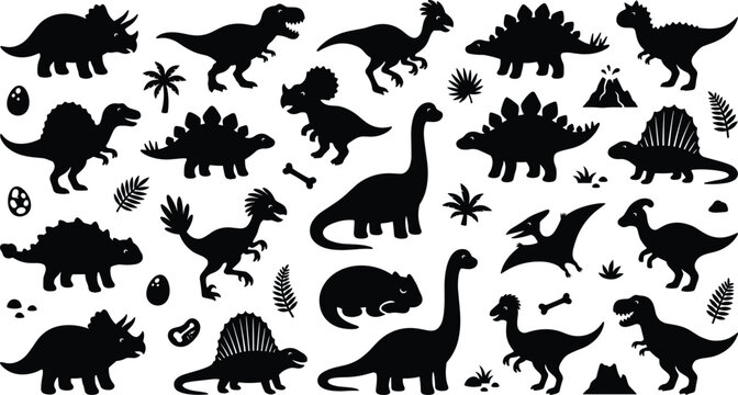 Dinosaur Silhouette Icon Set with Prehistoric Jurassic Creatures Volcano Eggs Palm Leaves and Bones for Children Educational Designs Patterns and Vector Graphic Projects